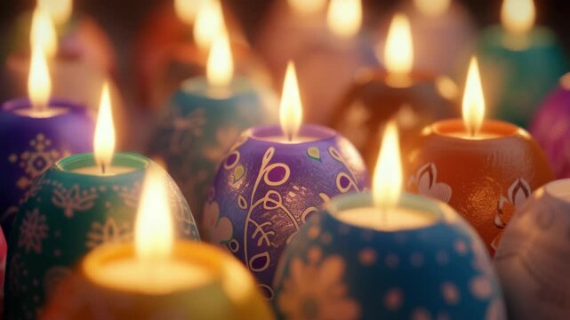 Soft glow lights up colorful candle holders. Festive patterns shimmer on each candle surface. Warm light casts gentle shadows in the scene. Candles rest close together, creating a cozy atmosphere
