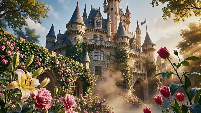 Romantic Fantasy Castle Garden Framed by Blooming Pink Roses and Misty Sunlight