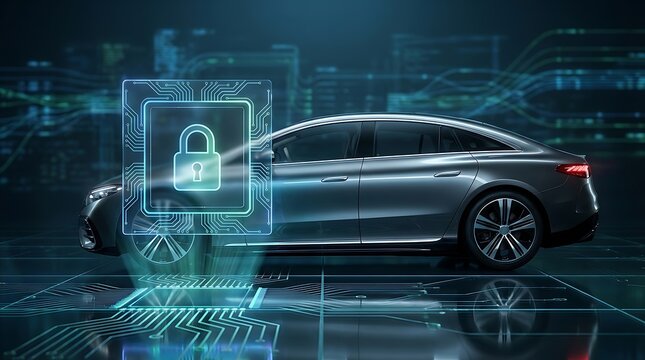 Modern luxury car secured with advanced digital lock and cybersecurity technology for automotive protection and data safety