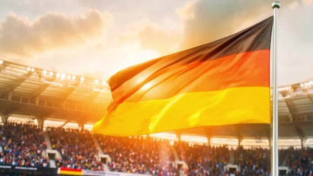German Flag Waving Above Stadium Crowd In Dramatic Sunset Sports Atmosphere. Concept of Germany National Football Support, International Tournament Spirit, And European Championship Event Promotion