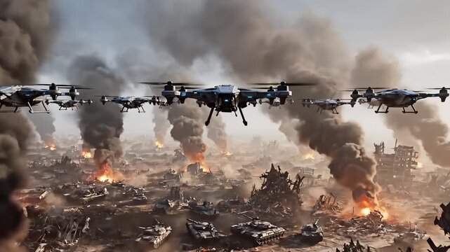 Drone swarm flying above destroyed battlefield with fire smoke and debris showing advanced autonomous military warfare technology and aerial combat cinematic animation video