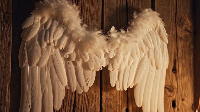 Rustic wooden wall features a pair of white feathered angel wings against warm glow and flickering flames
