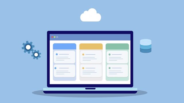 Flat vector animation of laptop dashboard with cloud storage, database, and gear icons representing cloud computing, data management, and digital system configuration.