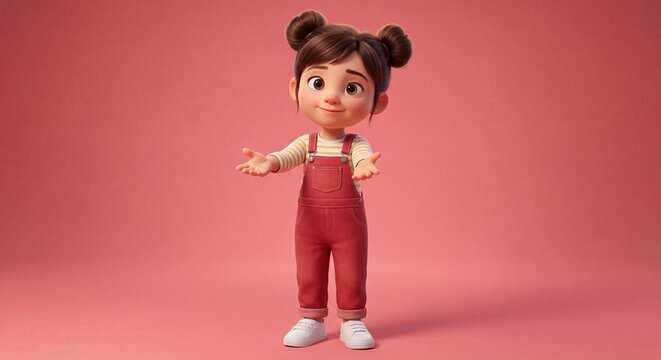 A cheerful animated character with pigtails wears red overalls and presents a welcoming pose against a soft pink background