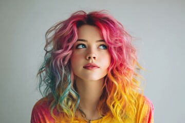 Naklejka premium Vibrant Rainbow Hairstyle Young Woman