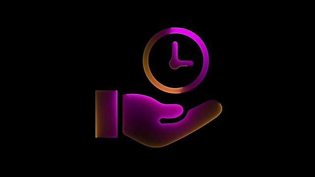 Glowing Time management concept with hand holding clock icon yellow and pink saber effect animation with black color background