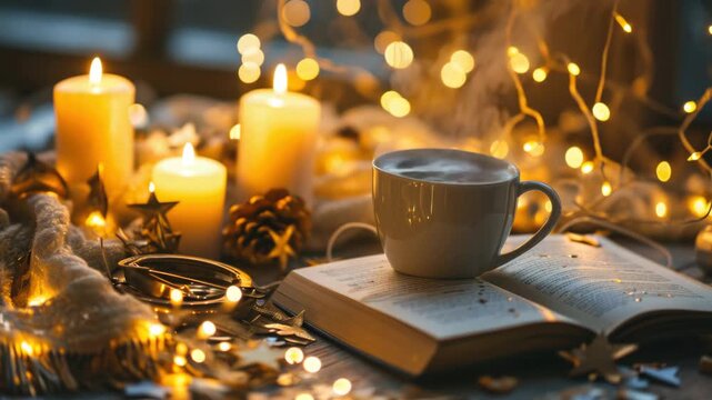 Cozy winter scene with lit candles and warm lights. Open book rests beside a steaming mug. Twinkling strings add gentle, golden glow. Soft focus highlights peaceful, intimate setting