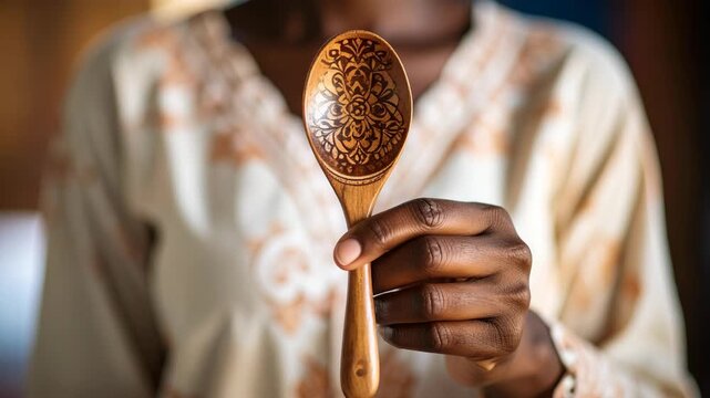 Hand holding intricately carved wooden spoon with mandala pattern