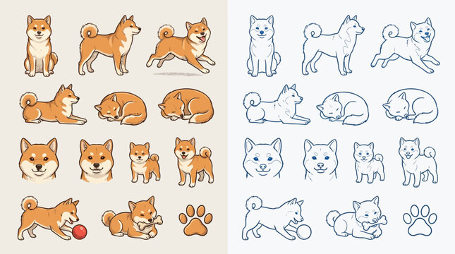 Collection of Shiba Inu dog illustrations in various poses and expressions, both in full color and line art.