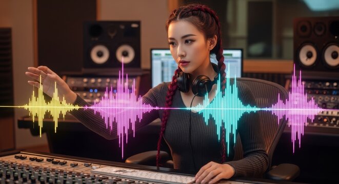 Woman producing music with colorful sound waves in recording studio