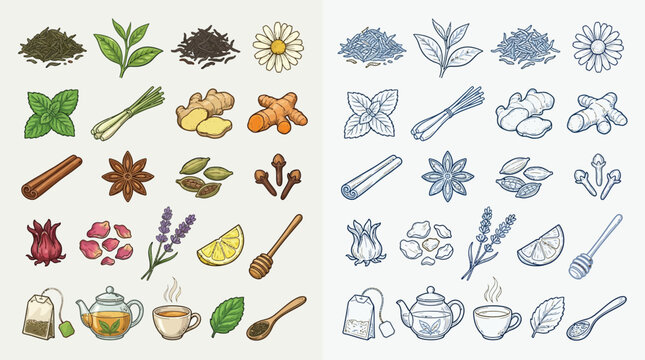 A vibrant collection of colorful illustrations depicting various tea ingredients, brewing tools, and finished tea beverages.