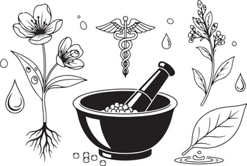 Herbal Medicine Icons Set: Apothecary Symbols, Mortar and Pestle, Caduceus, and Natural Plant Remedies Vector Illustration