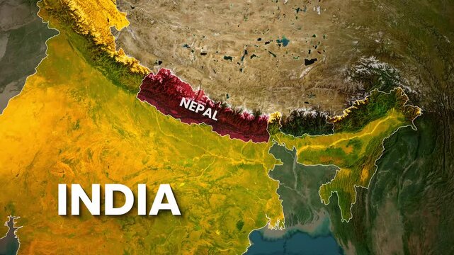 Vivid satellite map animation highlighting India, Nepal, Bhutan, and Bangladesh