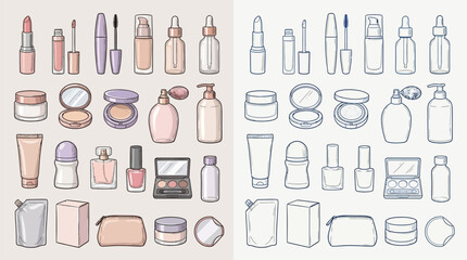 Fototapeta premium A collection of cosmetic and beauty products, including lipstick, mascara, foundation, creams, perfumes, and makeup palettes, presented in both colored and outline illustrations.