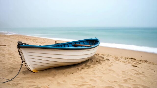 White and blue rowboat rests on sandy beach with gentle ocean waves in background