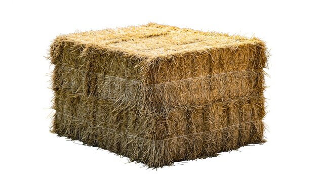 Square bale of dry straw stacked for animal feed on white background for agriculture