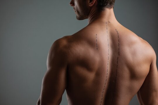 Man's back marked for liposuction surgery
