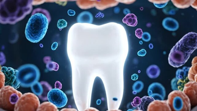 Microscopic view of healthy tooth surrounded by bacteria and cells in an animated dental environment