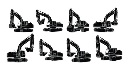 Six black silhouettes of excavators in various operational poses © nurjahan