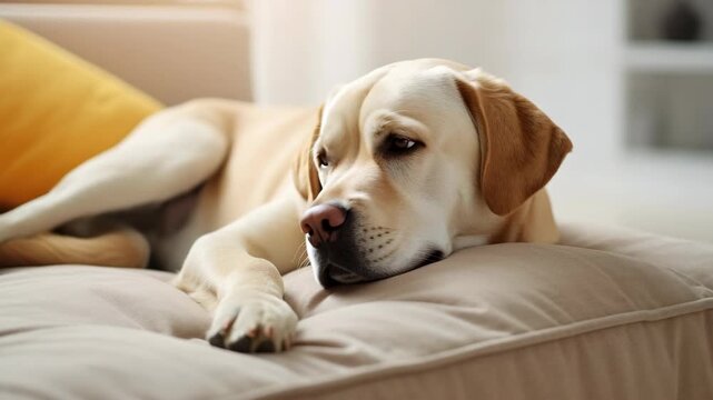 Golden retriever sleeps peacefully on cozy couch. Soft light highlights calm, relaxed expression. Eyes gently closed, paws tucked in comfort. Warm tones create serene, tranquil atmosphere