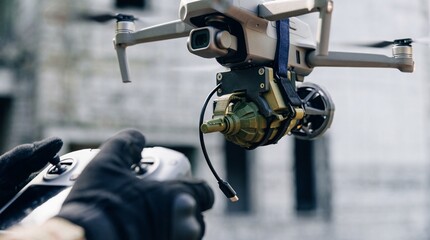 Military drone modified with an explosive device, flying overhead, controlled by a soldier's hands. © Mary