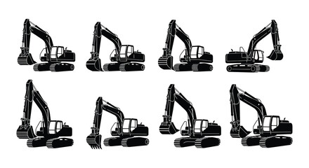 Six black silhouettes of excavators in various operational poses © nurjahan