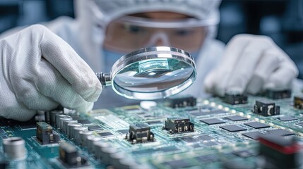 Obraz premium A technician wearing a white protective suit and goggles meticulously examines a complex printed circuit board (PCB) with a magnifying glass.