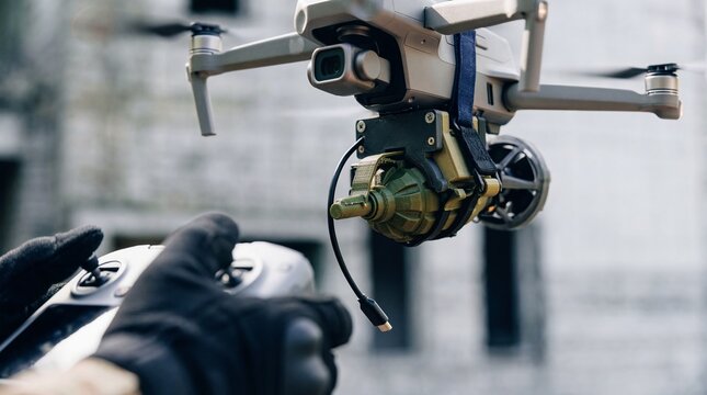 Military drone modified with an explosive device, flying overhead, controlled by a soldier's hands.