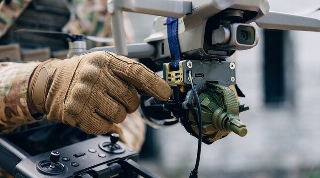 Gloved hand of a soldier adjusting an explosive device attached to a military drone for deployment.