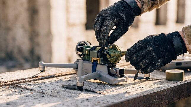 Soldier's gloved hands preparing a small military drone with a mounted explosive device outdoors.