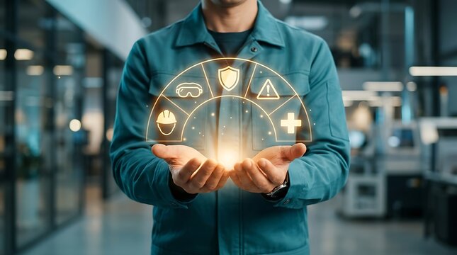 Worker holding glowing safety and health icons representing industrial protection and workplace hazard prevention concept.