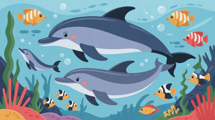 Obraz premium Dolphins swimming with tropical fish in colorful ocean scene with coral and seaweed underwater illustration