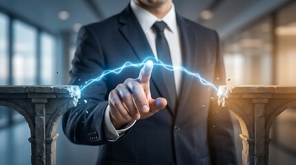 Businessman in suit bridging broken stone pillars with blue electric energy symbolizing connection and problem solving in a modern office