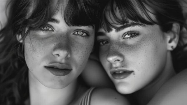 Intimate black-and-white portrait of two young women. Soft focus highlights freckles and gentle expressions. Close proximity creates a sense of quiet connection