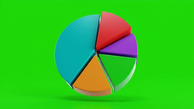 A 3D rendered pie chart in various colors, set against a bright green background