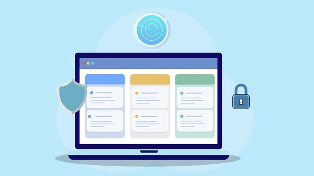 Flat vector animation of laptop dashboard with shield, lock, and fingerprint icons representing cybersecurity protection, secure data access, and digital system safety.