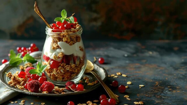 Glass jar holds yogurt and granola. Fresh berries decorate the top. Golden spoon rests beside the jar. Raspberries and crumbs scatter around. Dark rustic background enhances appeal