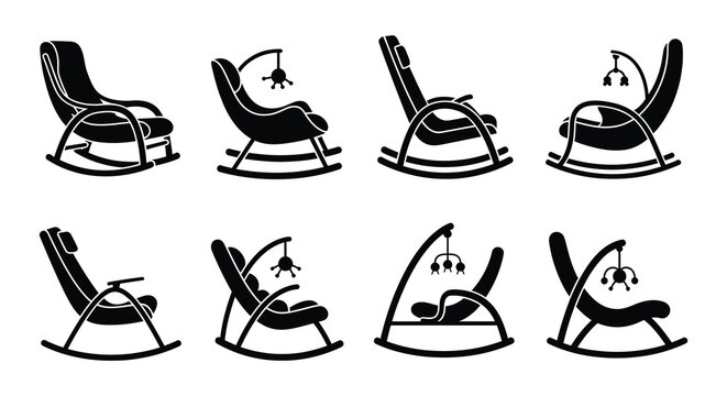 Collection of black silhouette rocking chairs and baby bouncers icons
