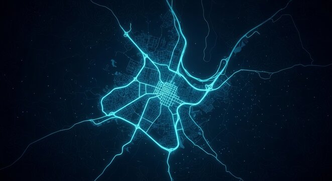 Glowing Blue City Map Network from Above at Night