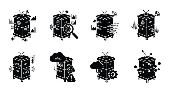 Black and white icons depicting server data analysis and network connectivity