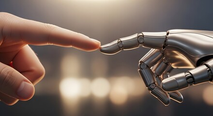 Human and robotic hand touching fingertips in modern tech interaction