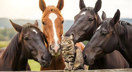 A small tabby cat sits on a fence surrounded by four horses.