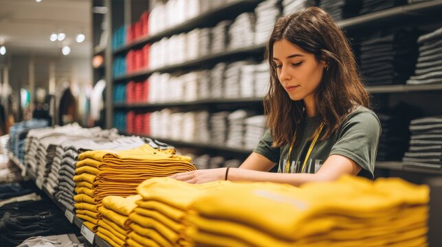 A young woman carefully stacks a large pile of yellow t-shirts on a shelf in a retail clothing store.