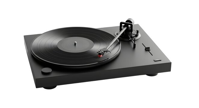 Modern black record player with rotating vinyl record on a sleek turntable playing music with a tonearm and cartridge against a clean white background showcasing minimalist design.