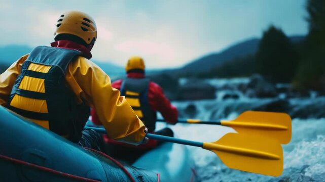 Two adventurers paddle through turbulent river waters. Yellow helmets and life vests protect the kayakers. Rapid currents rush past rocky riverbeds. The paddle glints under soft, overcast sky