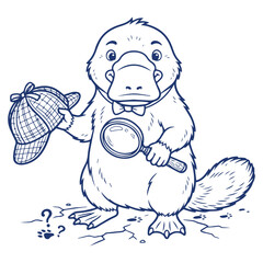 Fototapeta premium Cute platypus holding a butterfly net and magnifying glass, curious animal explorer cartoon character line art illustration, clean vector isolated on white background.