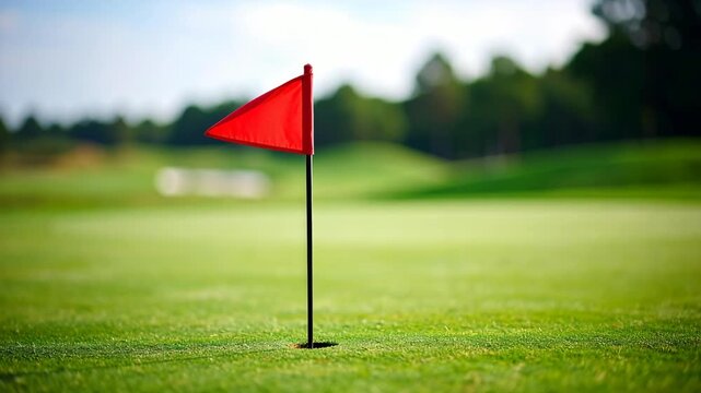 Red flag marking a hole on a lush green golf course with trees in the background
