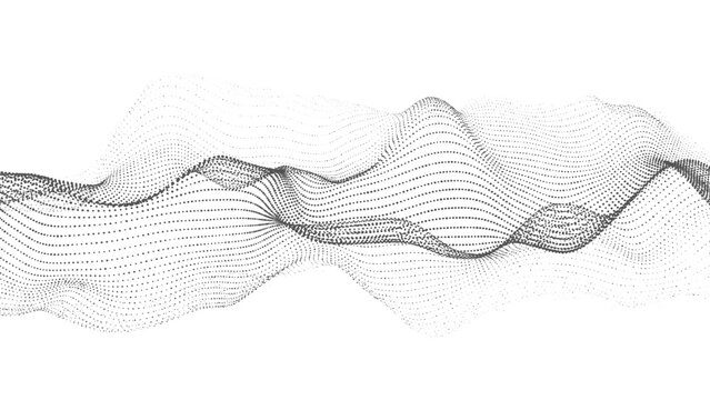 Vector abstract dotted wave landscape on white background. Black particle lines form flowing 3D terrain. Minimal dynamic data flow. Modern technology and soundwave concept.
