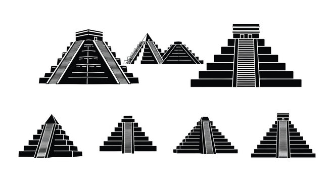 Black and white illustrations depicting mayan or aztec pyramid structures