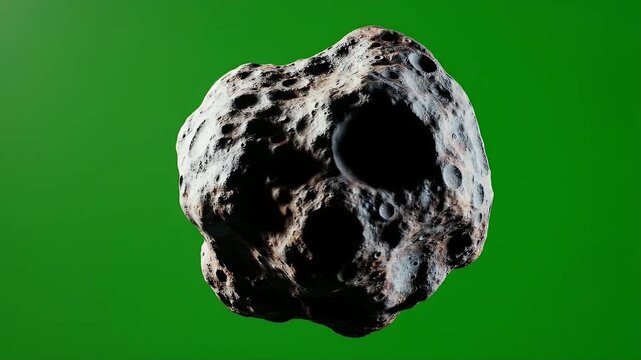 A textured asteroid with many craters floats in front of a green background